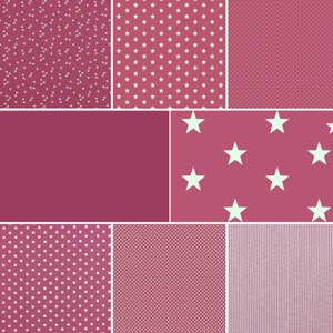 May include: A collage of nine different pink patterned fabric swatches. The patterns include polka dots, stars, triangles, and stripes.