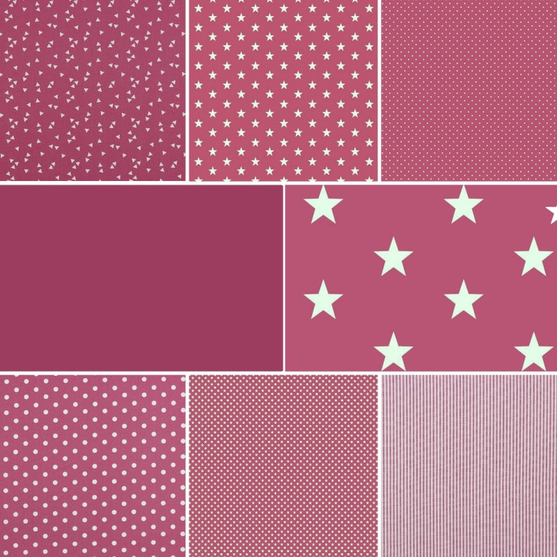 May include: A collage of nine different pink patterned fabric swatches. The patterns include polka dots, stars, triangles, and stripes.