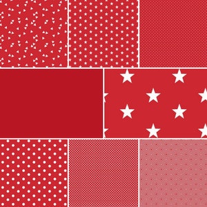 Puede incluir: Un fondo rojo con nueve patrones blancos diferentes. Los patrones incluyen lunares, estrellas, triángulos y formas geométricas.