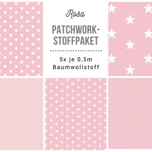 May include: A pink patchwork fabric bundle with the text "Rosa Patchwork-Stoffpaket 5x je 0,5m Baumwollstoff". The bundle includes five different fabrics with white polka dots, white stars, and white small stars on a pink background.