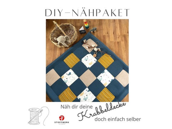 Nähpaket * Patchworkdecke * DIY * Waffelpiqué * Krabbeldecke * Patchwork Stoffe  *Babydecke * Blauwale Jeansblau Senfgelb