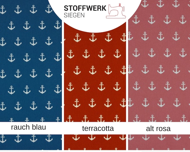 May include: Three fabric swatches with a white anchor pattern on a blue, red, and pink background. The swatches are labeled "rauch blau", "terracotta", and "alt rosa".