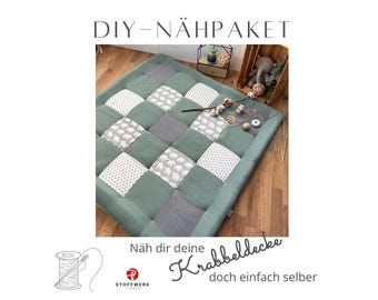 Nähpaket * Patchworkdecke * DIY * Waffelpiqué * Krabbeldecke * Patchwork Stoffe  *Babydecke * Elefant Salbei