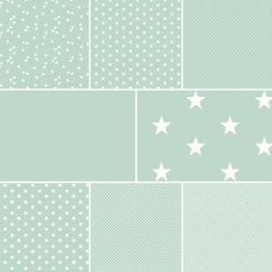 May include: A digital collage of nine different patterns in shades of light blue and white. The patterns include polka dots, stars, triangles, and geometric shapes.
