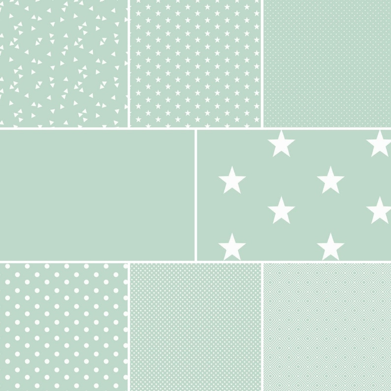 May include: A digital collage of nine different patterns in shades of light blue and white. The patterns include polka dots, stars, triangles, and geometric shapes.