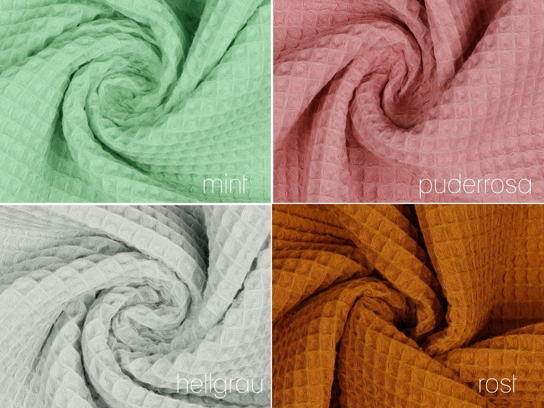 May include: Four fabric swatches in different colors and textures. The swatches are arranged in a grid pattern. The colors are mint green, dusty rose, light gray, and rust orange. The fabric has a waffle texture.