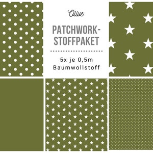 May include: A patchwork fabric bundle in olive green with five different patterns: polka dots, stars, small stars, and two solid colours. The bundle includes 5 pieces of fabric, each measuring 0.5 metres. The text on the label reads "Olive Patchwork-Stoffpaket 5x je 0,5m Baumwollstoff".