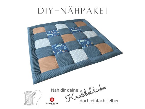 Nähpaket * Patchworkdecke * DIY * Waffelpiqué * Krabbeldecke * Patchwork Stoffe  *Babydecke * Dinos Blau