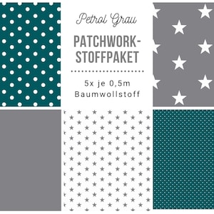 May include: A patchwork fabric bundle in a teal, grey, and white colour scheme. The bundle includes five pieces of fabric, each measuring 0.5 metres. The fabric features polka dots, stars, and a solid grey colour. The text "Petrol Grau PATCHWORK-STOFFPAKET 5x je 0,5m Baumwollstoff" is printed on the image.
