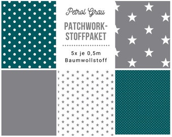 Stoffpaket Patchwork Baumwollstoffe 5 x (50x148cm) DIY Petrol Grau