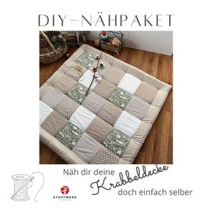 Nähpaket Patchworkdecke DIY Krabbeldecke Patchwork Stoffe Babydecke Fuchs Salbei Sand image 1