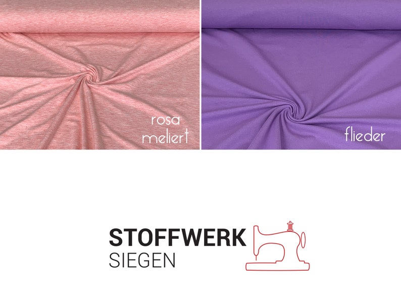 Puede incluir: Dos muestras de tela, una rosa con un sutil patr&oacute;n jaspeado y la otra de color morado claro s&oacute;lido. Las muestras est&aacute;n etiquetadas como "rosa meliert" y "flieder". El texto "STOFFWERK SIEGEN" est&aacute; debajo de las muestras, junto con una imagen estilizada de una m&aacute;quina de coser.