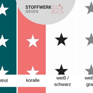 May include: A visual guide to different fabric colors with white stars on a teal, coral, white, and gray background. The text "Stoffwerk Siegen" is at the top of the image. The colors are labeled "petrol", "koralle", "wei&szlig; / schwarz", and "wei&szlig; / grau".