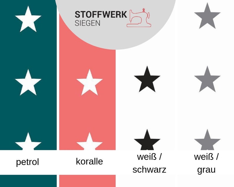 May include: A visual guide to different fabric colors with white stars on a teal, coral, white, and gray background. The text "Stoffwerk Siegen" is at the top of the image. The colors are labeled "petrol", "koralle", "wei&szlig; / schwarz", and "wei&szlig; / grau".
