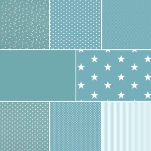 May include: A digital collage of nine different blue and white patterns. The patterns include polka dots, stars, and stripes.