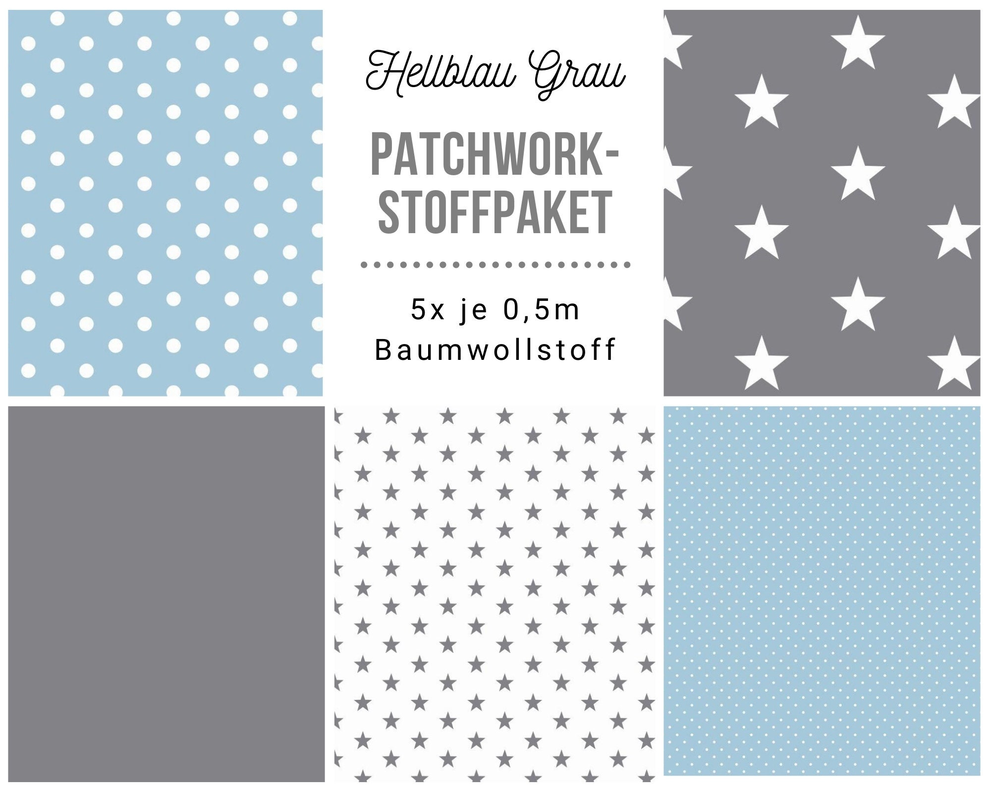 Stoffpaket Patchwork Baumwollstoffe 5 x (50x148cm) DIY Hellblau Grau