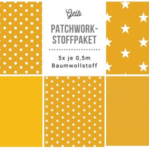 May include: A set of five yellow fabric squares with different white patterns. The patterns include polka dots, stars, and small dots. The text "Gelb PATCHWORK-STOFFPAKET 5x je 0,5m Baumwollstoff" is printed on a white background.