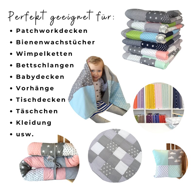 May include: A variety of patchwork fabric projects, including a baby blanket, a pillow, a bolster, and a stack of fabric squares. The fabric is a mix of gray, white, and blue with stars and other patterns.