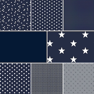 May include: A collection of nine different seamless patterns in navy blue and white. The patterns include stars, dots, triangles, and geometric shapes.