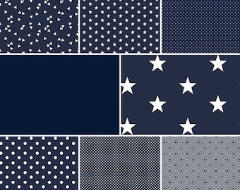 9,98EUR/m Baumwollstoffe Meterware navy marine blau - Sterne Punkte Uni Streifen