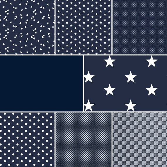 6,65EUR/m2 Baumwollstoffe Meterware navy marine blau - Sterne Punkte  Uni Streifen Anker
