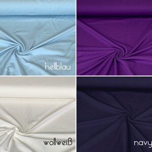 Puede incluir: Cuatro muestras de tela en diferentes colores: azul claro, morado, blanco y azul marino. Las muestras est&aacute;n etiquetadas como "hellblau", "lila", "wollwei&szlig;" y "navy blau".