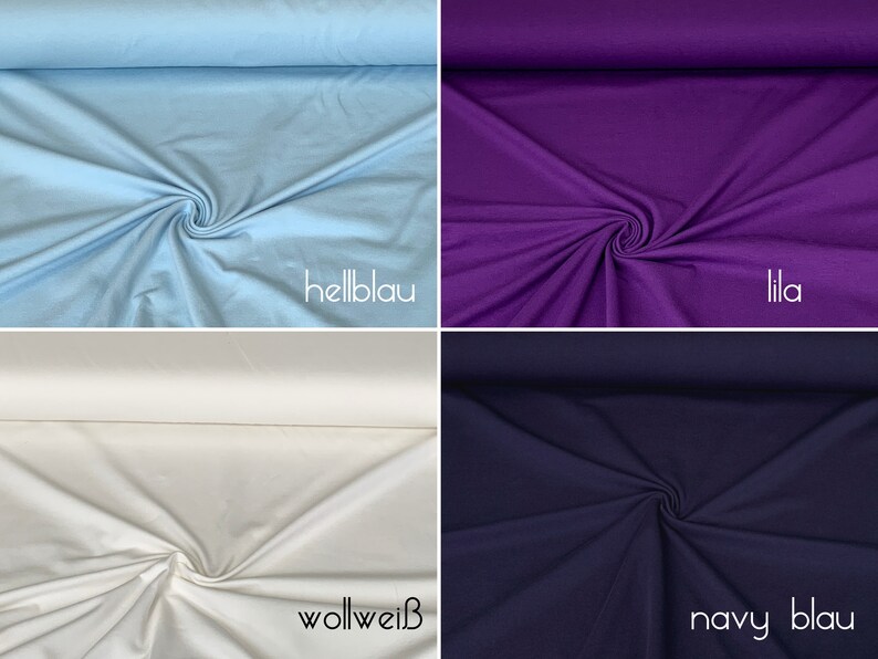 Puede incluir: Cuatro muestras de tela en diferentes colores: azul claro, morado, blanco y azul marino. Las muestras est&aacute;n etiquetadas como "hellblau", "lila", "wollwei&szlig;" y "navy blau".