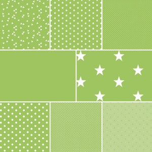 May include: A digital collage of nine different green and white patterned squares. The patterns include polka dots, stars, triangles, and geometric shapes.