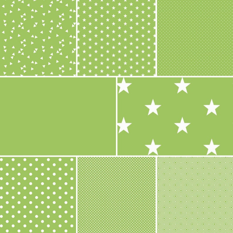 May include: A digital collage of nine different green and white patterned squares. The patterns include polka dots, stars, triangles, and geometric shapes.