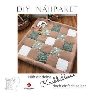 Nähpaket Patchworkdecke DIY Waffelpiqué Krabbeldecke Patchwork Stoffe Babydecke Fuchs Sand Salbei Bild 1