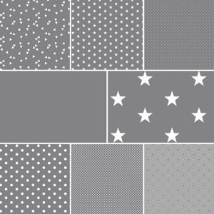 May include: A collection of grey backgrounds featuring white patterns. The patterns include triangles, stars, dots, and a geometric diamond design. The image presents a variety of textures and designs.