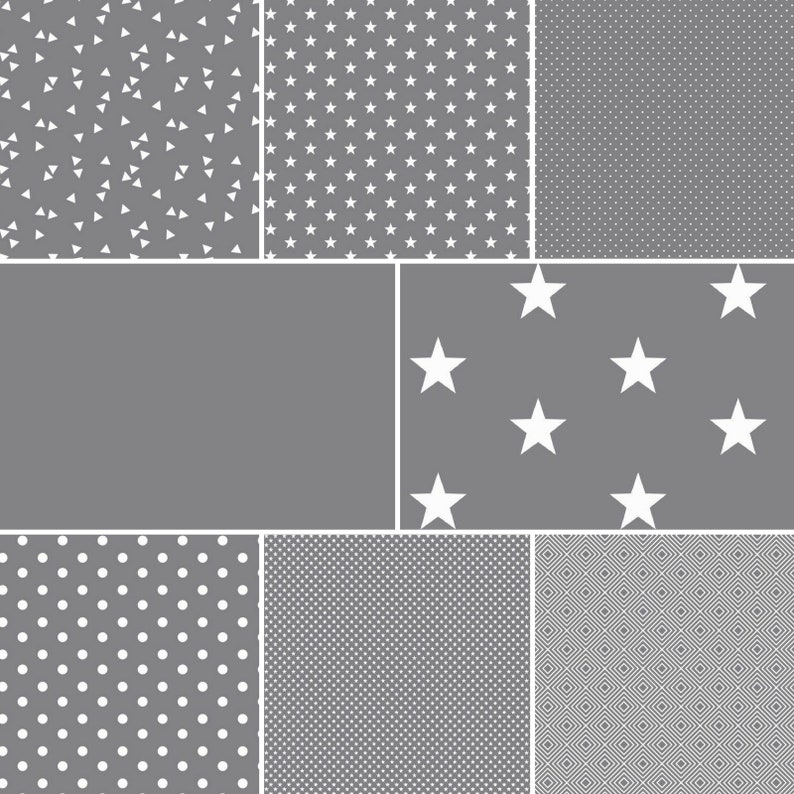 May include: A collage of gray backgrounds with white patterns. The patterns include triangles, stars, dots, and a geometric diamond design. The image is a collection of various textures and designs.