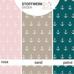 May include: Three fabric swatches with a white anchor pattern on a pink, beige, and teal background. The swatches are labeled "rosa", "sand", and "petrol".