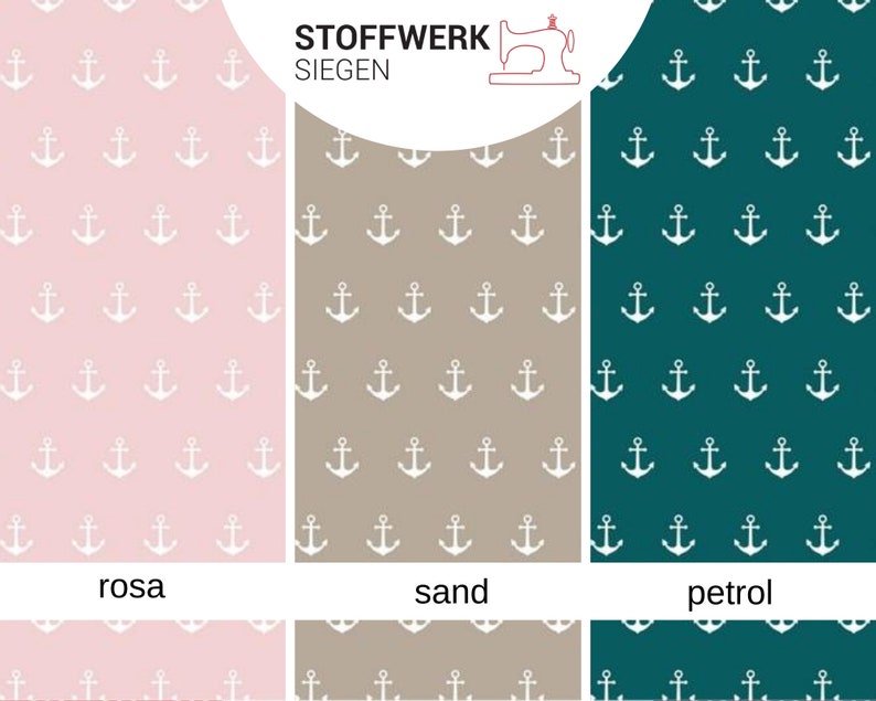 May include: Three fabric swatches with a white anchor pattern on a pink, beige, and teal background. The swatches are labeled "rosa", "sand", and "petrol".