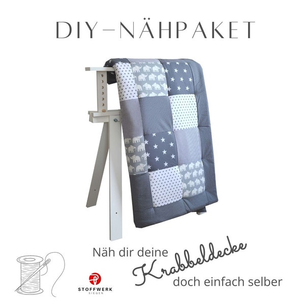 Nähpaket * Patchworkdecke * DIY * Krabbeldecke* Patchworkstoffe * Babydecke * Patchwork Elefant Grau Weiß