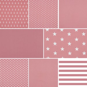 Pode incluir: Uma coleção de nove amostras de tecido rosa com padrões diferentes, incluindo âncoras, estrelas, bolinhas, listras e uma amostra rosa sólida.