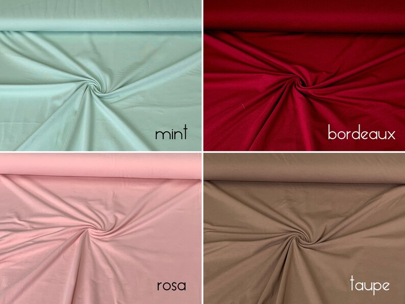 Puede incluir: Cuatro muestras de tela en diferentes colores: menta, burdeos, rosa y topo. La tela es lisa y tiene un ligero brillo.