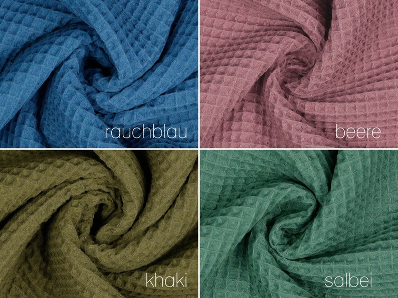 May include: Four fabric swatches in different colors: a dark blue, a light pink, a dark green, and a dark olive green. The fabric has a waffle texture. The swatches are labeled "rauchblau", "beere", "salbei", and "khaki".