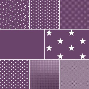 May include: A digital collage of nine different patterns in white on a purple background. The patterns include polka dots, stars, triangles, and geometric shapes.