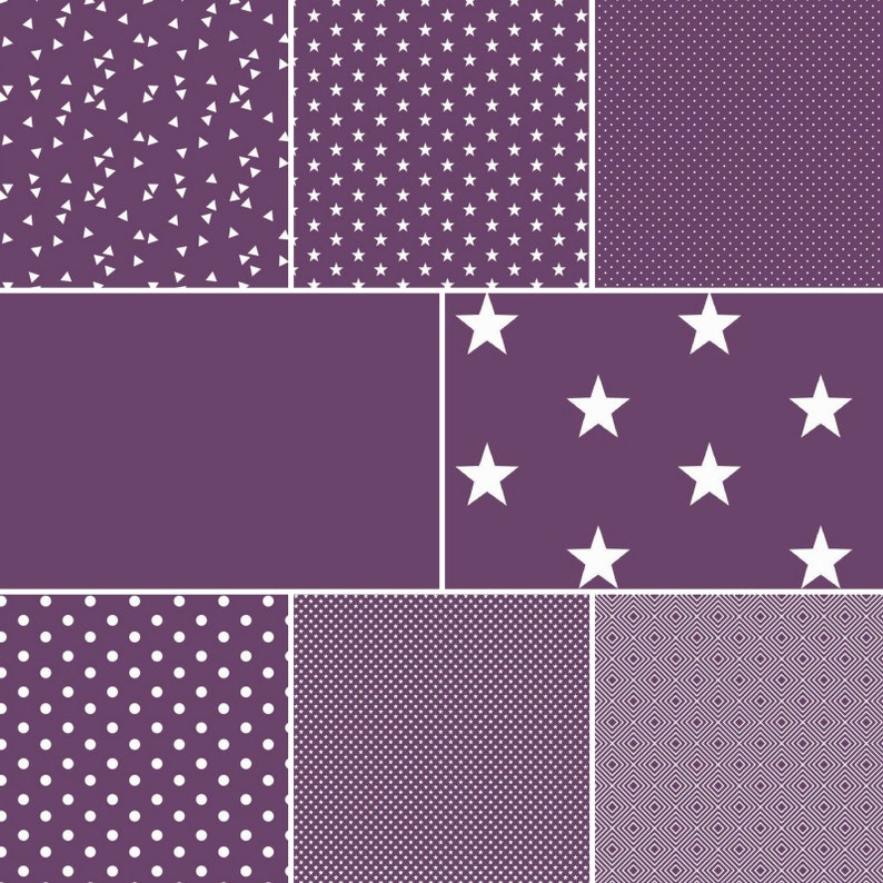 May include: A digital collage of nine different patterns in white on a purple background. The patterns include polka dots, stars, triangles, and geometric shapes.