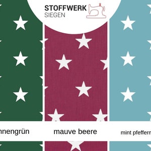 May include: Three fabric swatches with white stars on a green, burgundy, and light blue background. The swatches are labeled "tannengr&uuml;n", "mauve beere", and "mint pfeffermint".
