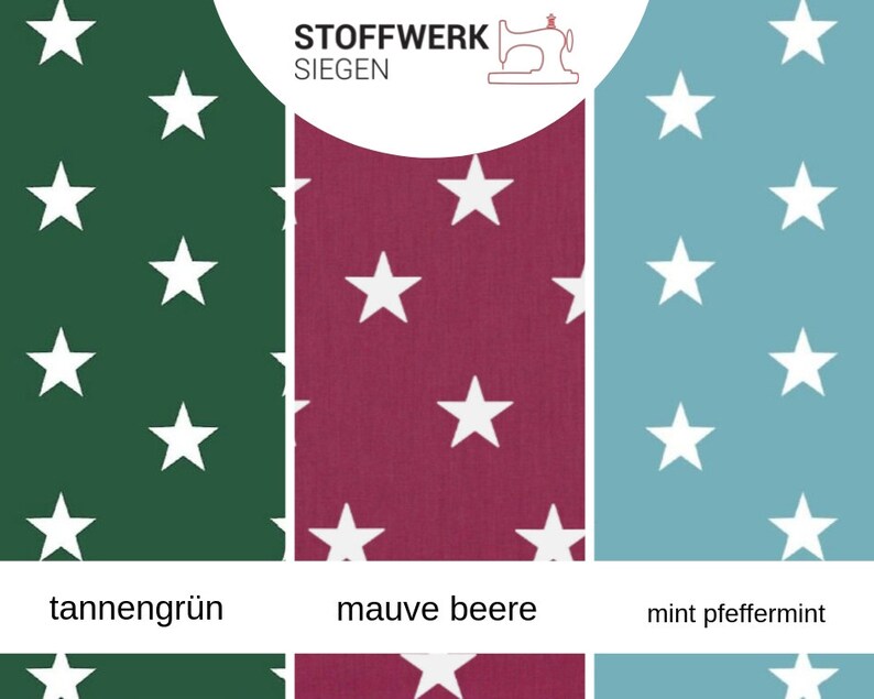 May include: Three fabric swatches with white stars on a green, burgundy, and light blue background. The swatches are labeled "tannengr&uuml;n", "mauve beere", and "mint pfeffermint".