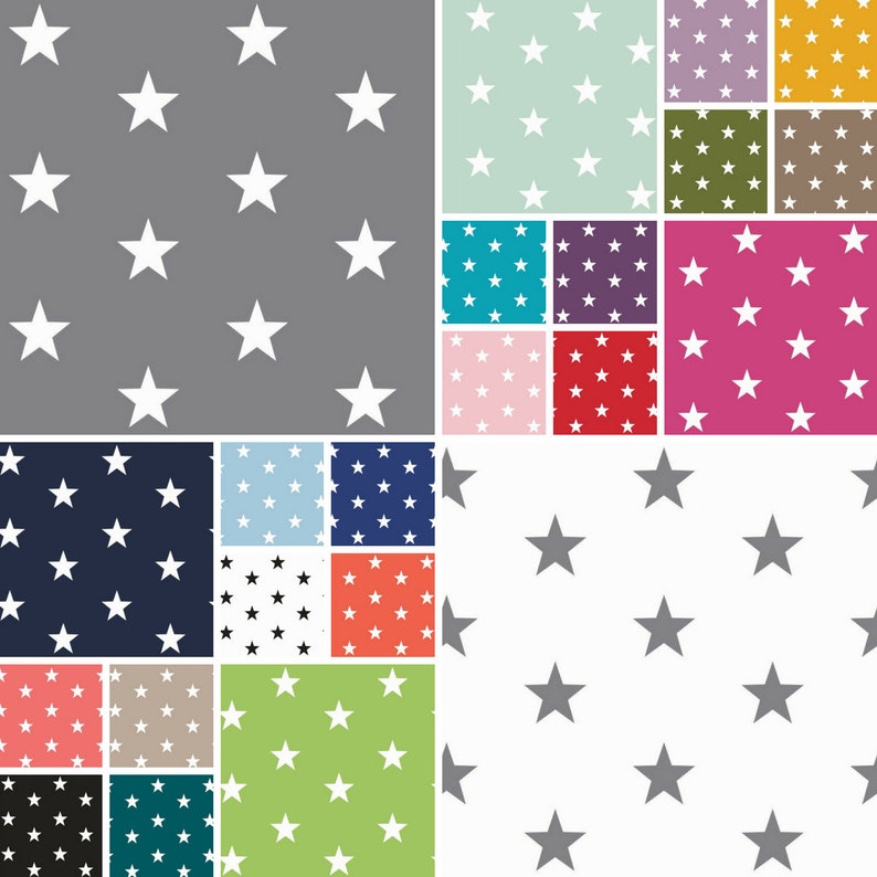 May include: A digital collage of 12 different patterns featuring white stars on various colored backgrounds. The patterns include solid colors like pink, red, blue, green, and gray. Some patterns feature black stars on a white background. The patterns are arranged in a grid.