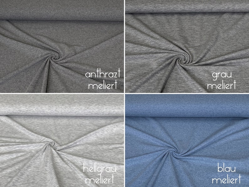 Puede incluir: Cuatro muestras de tela en diferentes colores: gris oscuro, gris claro, gris y azul. Cada muestra tiene una etiqueta de texto con el nombre del color y la palabra "meliert" (alem&aacute;n para "marmoleado").