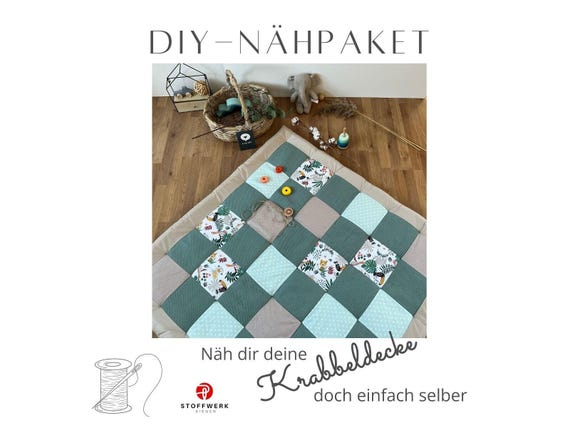 Nähpaket * Patchworkdecke * DIY * Waffelpiqué * Krabbeldecke * Patchwork Stoffe  *Babydecke * Dschungel Grün