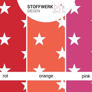 May include: Three color swatches with white stars on a red, orange, and pink background. The text "STOFFWERK SIEGEN" is at the top of the image. The words "rot", "orange", and "pink" are below the swatches.