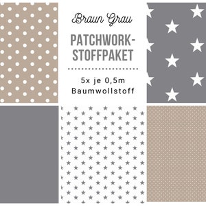 May include: A patchwork fabric bundle with five 0.5 metre pieces of cotton fabric. The fabrics feature different patterns: white polka dots on a beige background, white stars on a grey background, and grey stars on a white background.