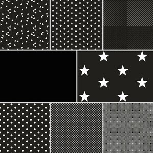 May include: A set of nine black and white seamless patterns featuring different geometric shapes, including triangles, stars, dots, and squares.