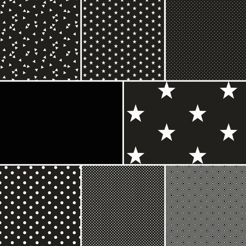 May include: A set of nine black and white seamless patterns featuring different geometric shapes, including triangles, stars, dots, and squares.