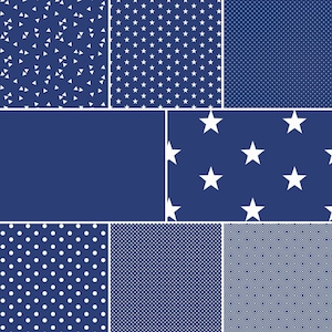 May include: A digital collage of nine different blue and white patterns. The patterns include stars, polka dots, triangles, and geometric shapes.